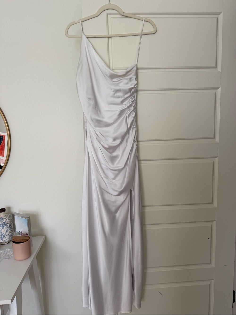 Line and Dot Satin White One Shoulder Ruched Slip Midi Dress
